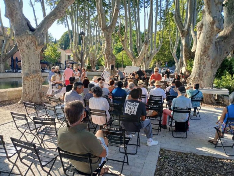 personnes platanes etang concert