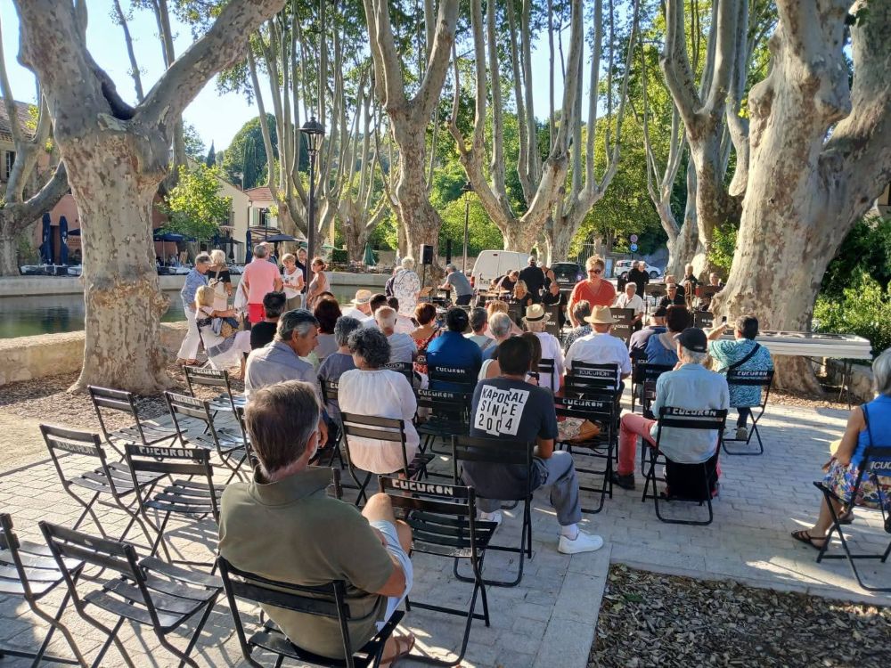 personnes platanes etang concert