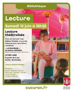 Lecture théâtralisée, avec Sabine Tamisier de "La promesse" Bibliothèque de Cucuron Ce samedi à 10h30 Dès 5 ans Gratuit