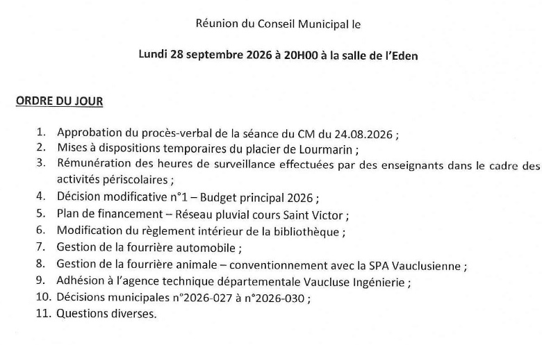 ordre du jour du conseil municipal du lundi 28 septembre